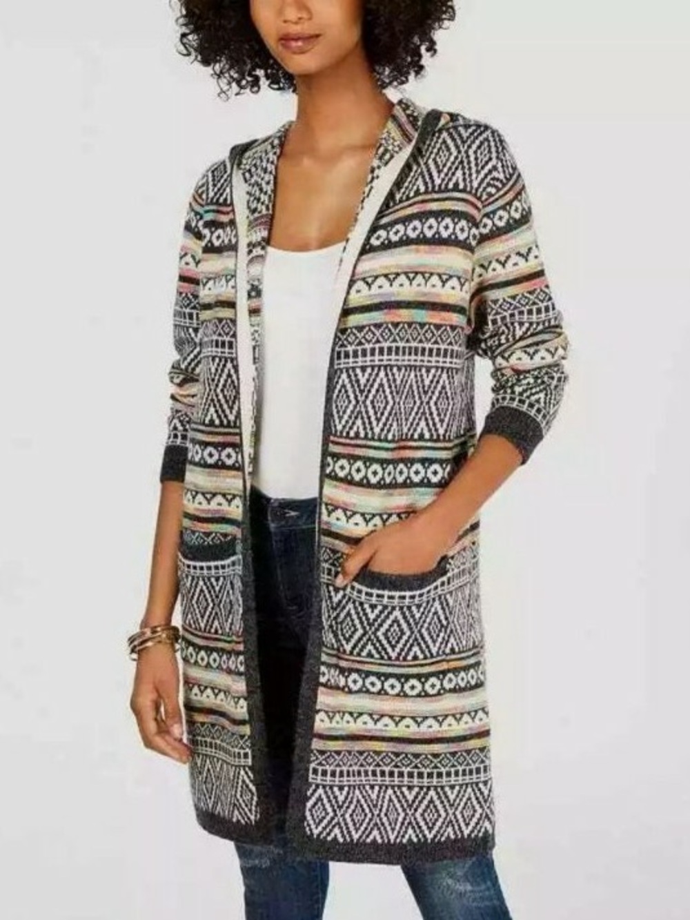 Monteau Colorful Knit Cardigan w/hood Size Large